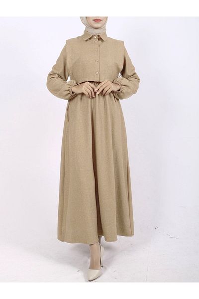 Modamorfo Φόρεμα Mink Color - Λεπτομέρεια πουκάμισου στο επάνω μέρος, ελαστικό μανίκι και μέση