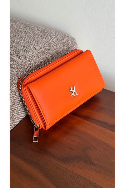Just Polo Women's Orange Wallet, 6 Cards, 1 Id Compartment, Snap Fastener and Zipper Closure Vegan Wallet