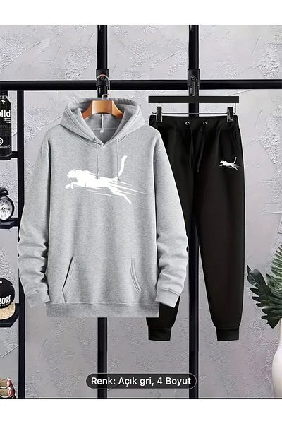 NEW TRENDY COLLECTİON Kangaroo Print Combed Cotton Tracksuit Set - Small Chest Printed Sweatshirt and Sweatpants