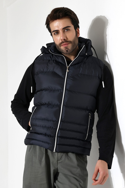 B.HE.Z Чоловічий жилет з підкладкою з гелевим наповнювачем, внутрішніми кишенями, знімним капюшоном на блискавці, синій