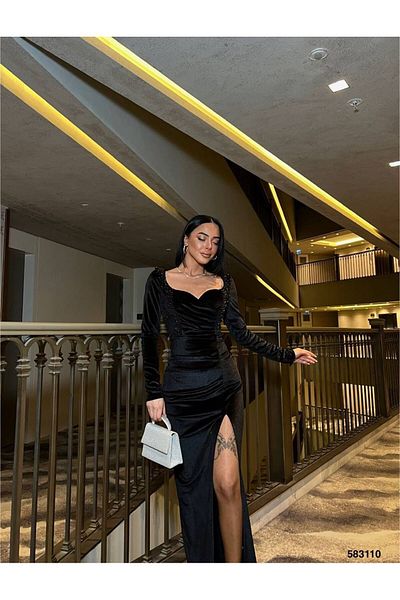 maf collection Women's Long Sleeve Sweetheart Neckline Black Velvet Evening Dress with Stone Slit Detail