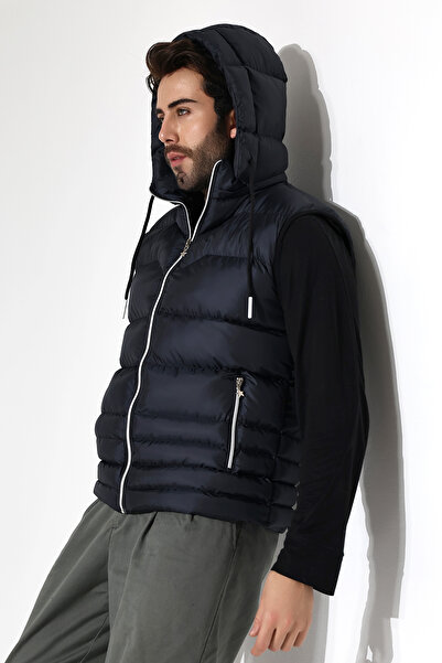 B.HE.Z Чоловічий жилет з підкладкою з гелевим наповнювачем, внутрішніми кишенями, знімним капюшоном на блискавці, синій