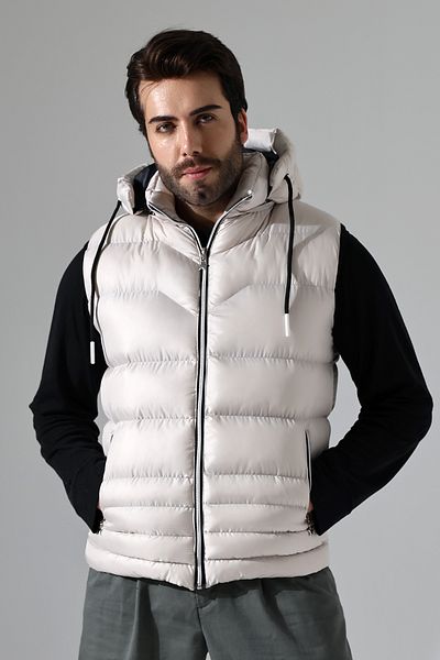 B.HE.Z Men's Gel Padding Lined Inner Pocket Detachable Zipper Hood Inflatable Vest Stone