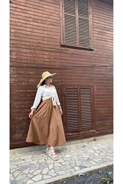 Butik Geniş Kesim Kahverengi Renk Kadın Midi Etek