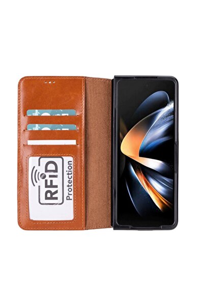 PLM Samsung Galaxy Z Fold5 Uyumlu Deri Cüzdanlı Kılıf Efektli Taba