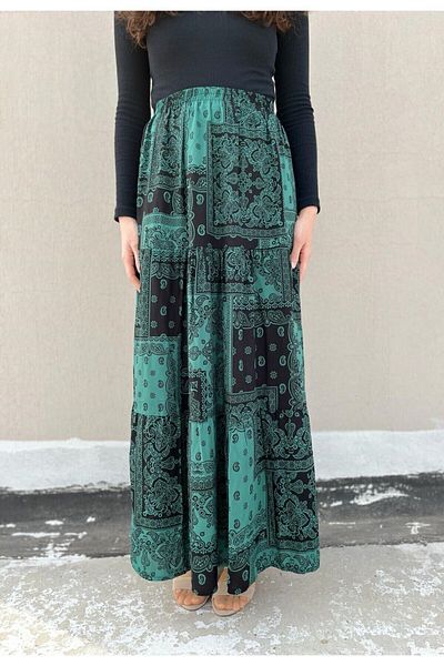 520CK Ethnic Patterned Viscose Hijab Skirt - Elastic Waist, Summer Long Skirt