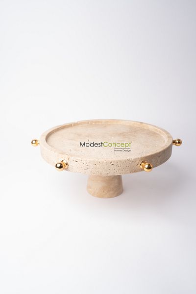 Modestmar حامل كعك من الرخام الطبيعي من الترافرتين - عرض الكيك - تقديم كعك من الرخام مع تفاصيل ذهبية