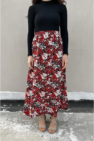 520CK Floral Patterned Summer Women's Skirt - Buttoned and Long