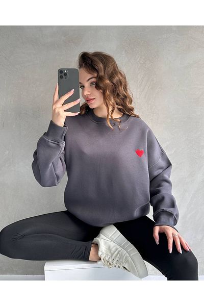 shopshop Women's Heart Detailed Raised Basic Oversize Sweatshirt