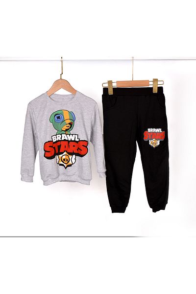 SİNSER TEKS Brawl Stars Children's Printed Tracksuit Set Unisex with Gray Black Pants