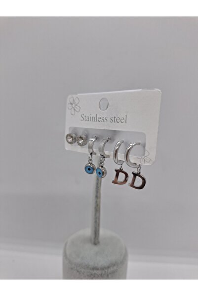 stainless steell Çelik D Harf Nazar Boncuklu 6 Lı Küpe Seti