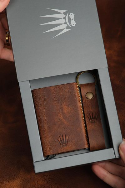 WATCHOFROYAL Genuine Leather Clot Coffee Mechanism Gift Set - Card Holder and Keychain