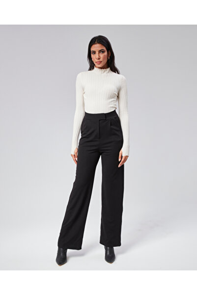 NEVEGE BUTİK Γυναικείο Πλεκτό Ύφασμα Full Lycra Μέση Velcro Palazzo-Μαύρο