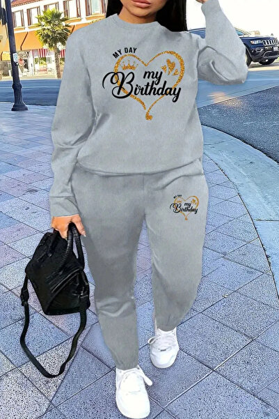 FECCY Set de trening supradimensionat din bumbac, cu imprimeu Birthday, cu gu...