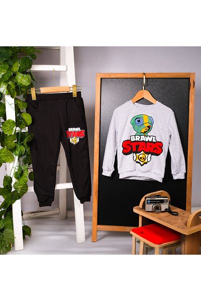 SİNSER TEKS Brawl Stars Children's Printed Tracksuit Set Unisex with Gray Black Pants