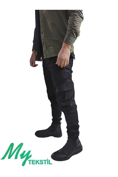 MY TEKSTİL Men's Cargo Pants Lycra Slim Fit Black Elastic Leg