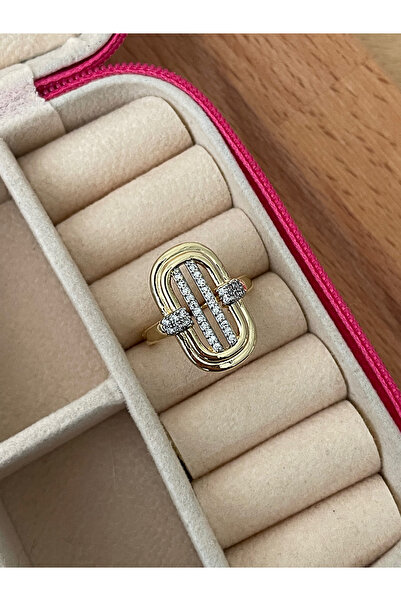 JELLY خاتم نسائي من الفولاذ باللون الذهبي وحجر الزركون بتصميم بيضاوي قابل للتعديل