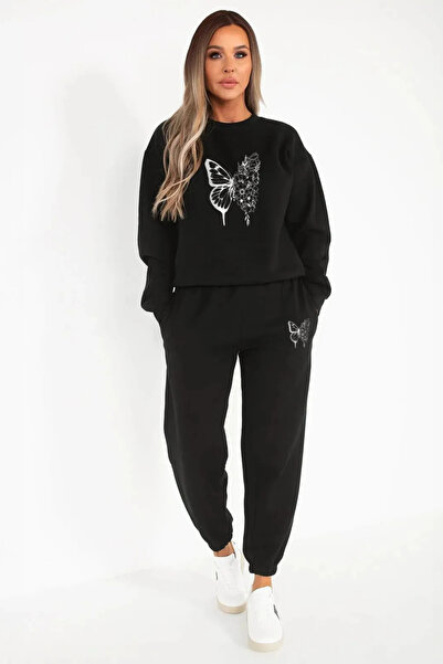 FECCY Set de trening din bumbac - Hanorac, pantaloni de jogging, cu glugă, im...