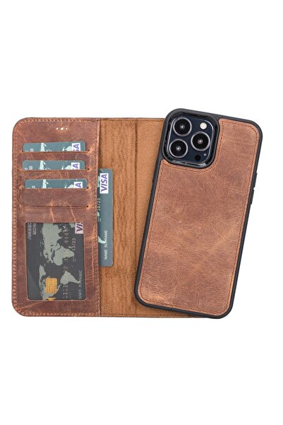 PLM Apple iPhone 12 Pro Max Compatible Leather Wallet Case Antique Brown