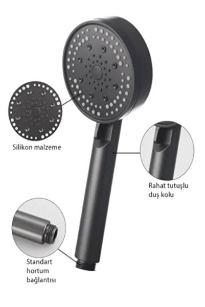 Irmak Siyah Lüks 5 Fonksiyonlu Ayarlanabilir Dayanıklı Yüksek Tazyikli Duş Başlığı Banyo El Duşu