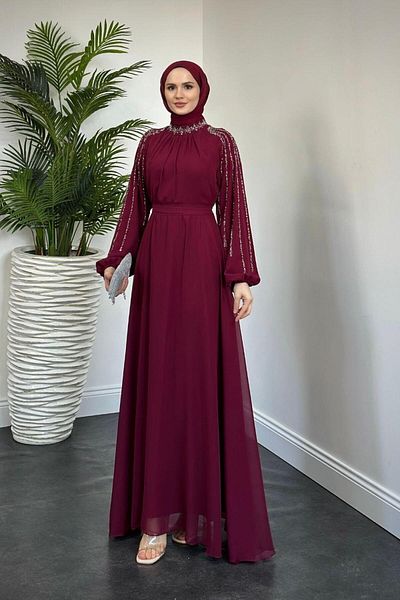 MERVEN AKYÜZ Burgundy Jayla Evening Dress - Stone Detailed Sleeves