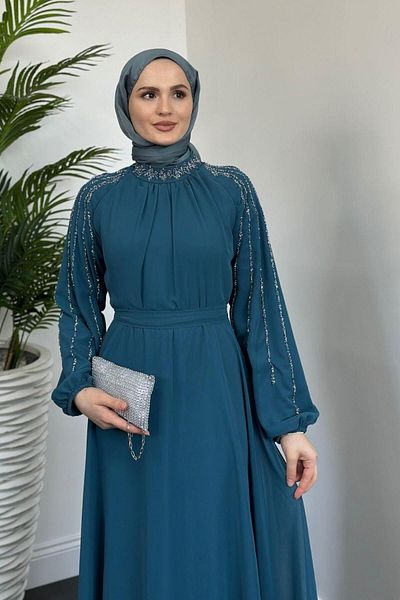 MERVEN AKYÜZ Stone Detailed Jayla Turquoise Evening Dress