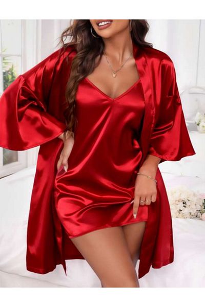Bleu Petite Satin Fabric Dressing Gown Nightwear Set