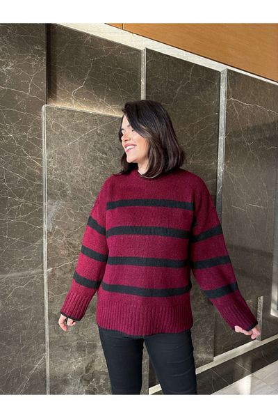Elif Özbey Butik Pulover oversize cu dungi bordeaux