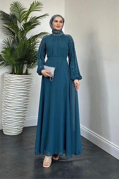MERVEN AKYÜZ Stone Detailed Jayla Turquoise Evening Dress