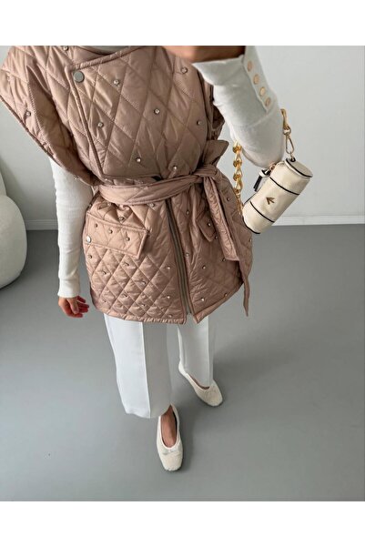 Molly Nelly Дамски стилен ватиран миди елек с камъни и подплата