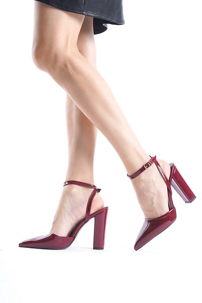 SEEM & BE Lisa Thick Heeled Pointed Toe Banded Burgundy Heeled Shoes