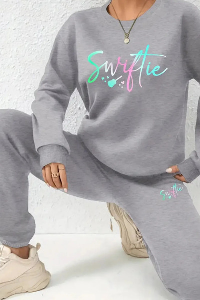 FECCY Σετ βαμβακερής φόρμας με στάμπα Swiftie - Oversize με κουκούλα