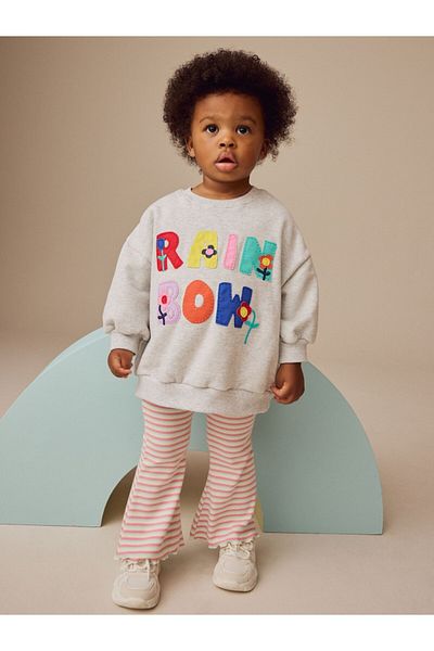 Next Baby Cotton Grey Pink Printed Long Sleeve Sweatshirt Tights Bottom Top Set