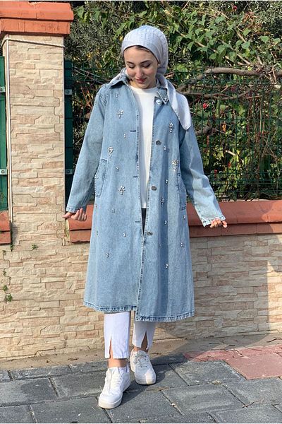 Moda Rosa 25K5363 - Light Blue - Flower Stone Long Trench Jeans