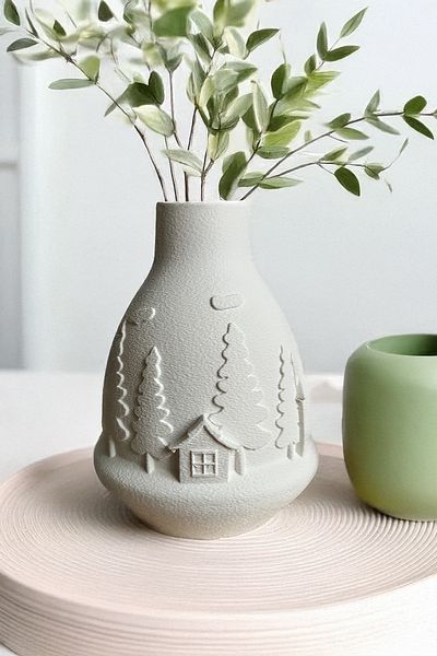 Obaco Winter Village Vase Nordic Decorative Modern Stylish White Winter Themed 20cm Bioplastic Vase
