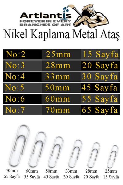 Artlantis Büyük Metal Ataş No 7 70 mm 25 li 1 Paket Nikel Kaplama Metal Ataç Dayanıklı Paslanmaz 65 Sayfa Kapa