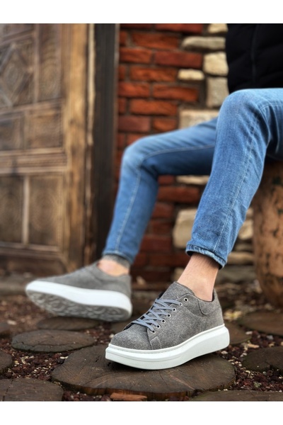 BOA BA0547 Αθλητικά ανδρικά παπούτσια με χοντρή ψηλή σόλα γκρι σουέντ με κορδόνια