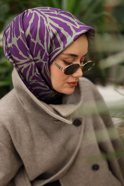 Silk Home Purple Green Leaf Pattern Tivil Silk Scarf-11443-39