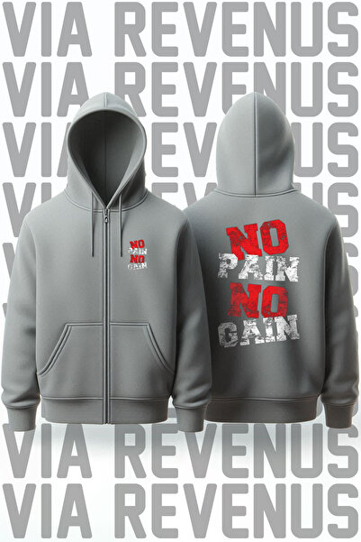 Vordevia No Pain No Gain Front and Back Printed Unisex Zippered Hooded Gray S...