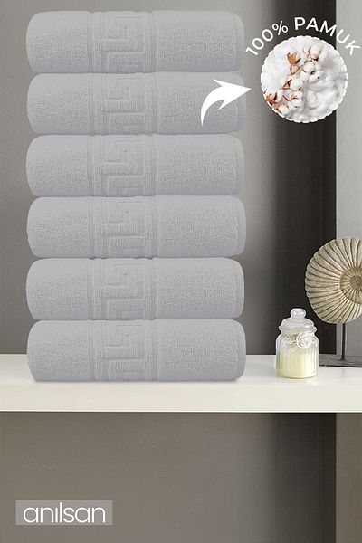Anılsan Set of 6 Greek Gray Hand Towels - 50X90 Cm, 225 Gr, 100% Cotton, Spa and Hotel Towels