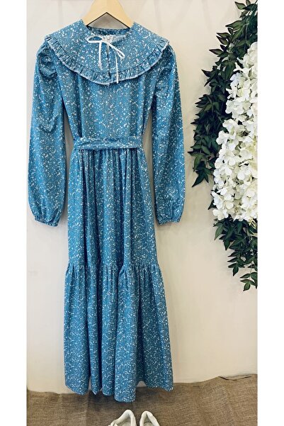 KÜÇÜĞÜM BUTİK Μπλε φόρεμα ποπλίνα με στρώσεις με χιτζάμπ κινητή λαιμόκοψη (ΦΟΡΕΜΑ-ΚΟΛΛΟ)