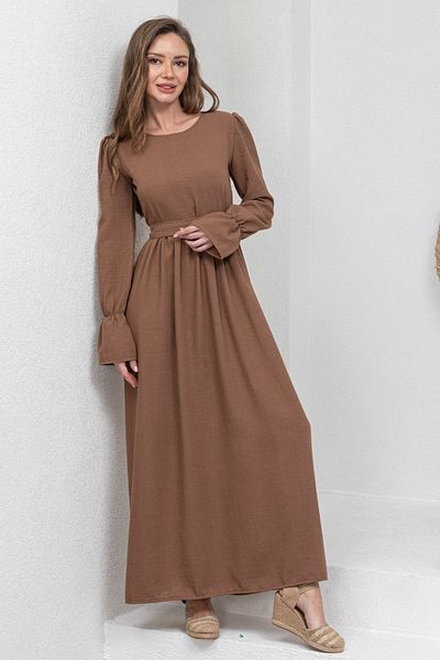 KÜÇÜĞÜM BUTİK Φόρεμα Hijab καφέ λινό με κορδόνι στη μέση