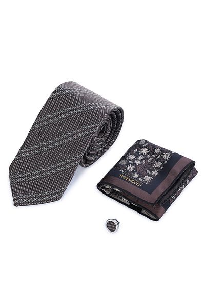 Hatemoğlu Brown Tie Handkerchief and Collar Badge Set of 3