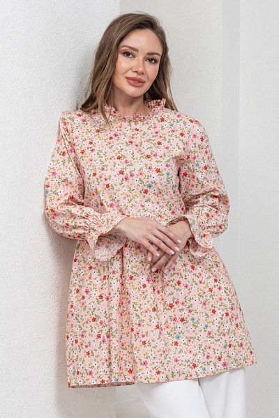 KÜÇÜĞÜM BUTİK Mini tunică din popelin - culoare pudra, imprimeu floral și decolteu cu volane