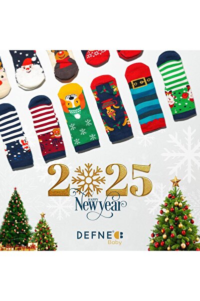 Defne Baby Hediyelik 12 Çift Havlu Pamuklu Kalın Merry Christmas Yılbaşı Noel Çocuk Ve Bebek Soket Çorap