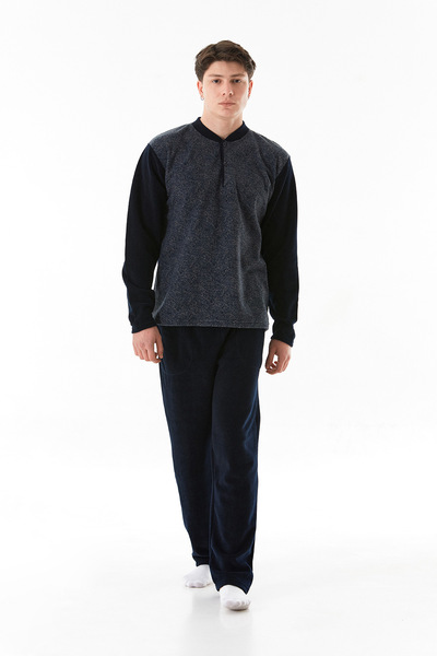 Fulla Moda Benek Desenli Yakası Düğmeli Polar Pijama Takımı