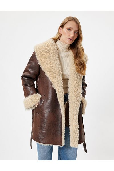 Koton Faux Leather Oversize Coat - Fur Collar, Belt and Pockets