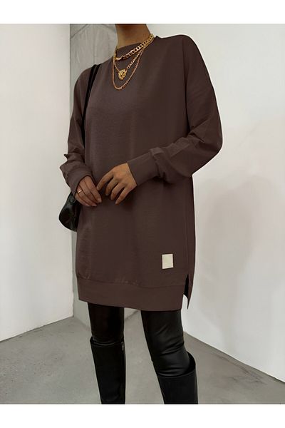 Modamorfo Crested Sweat mit Rundhalsausschnitt und Schlitz – braun