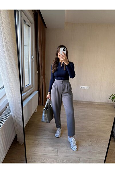 Club Floral Fashıon Kadın Çift Düğme Pileli Havuç Kalıp Full Likra Günlük Gri Pantolon