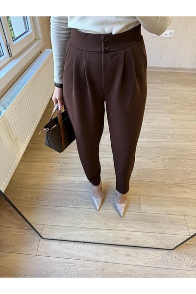 Club Floral Fashıon Women's Double Button Pleated Carrot Mold Full Lycra Casual Brown Trousers